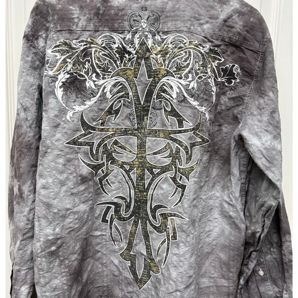 Y2K Gothic Eighty Eight Cross Shirt Gray Tie Dye Rocker Biker Button Up Size L - Picture 4 of 8